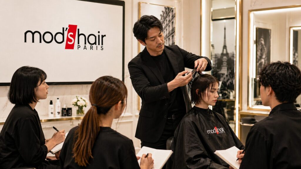 mod’s hair監修の技術を学ぶため、サロン空間でプロの実演を見ながら実践的なカット技術を習得するSBC福岡校の学生