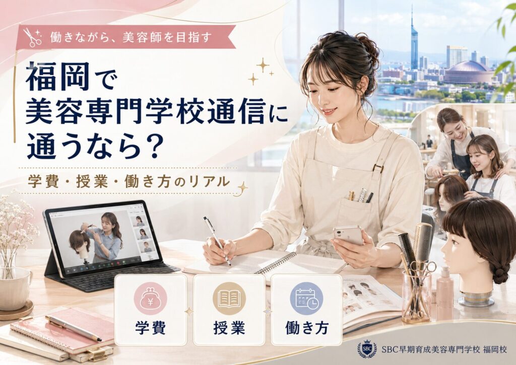 福岡の美容専門学校通信で学ぶ女性が、オンライン授業を見ながらノートを取り、学費・授業・働き方のポイントを確認している様子